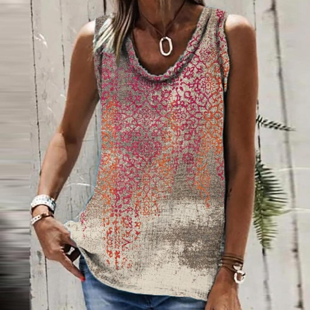 Sleeveless Khaki Top wFaded Print in Pink & Orange